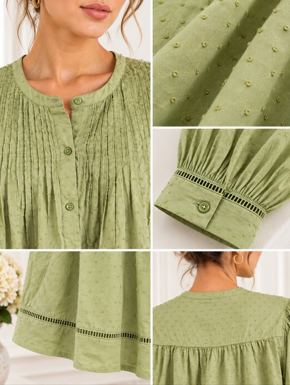 Old Navy Green Swiss Dot Pintuck Button Front Cotton Blouse | Size Medium - Picture 4 of 9